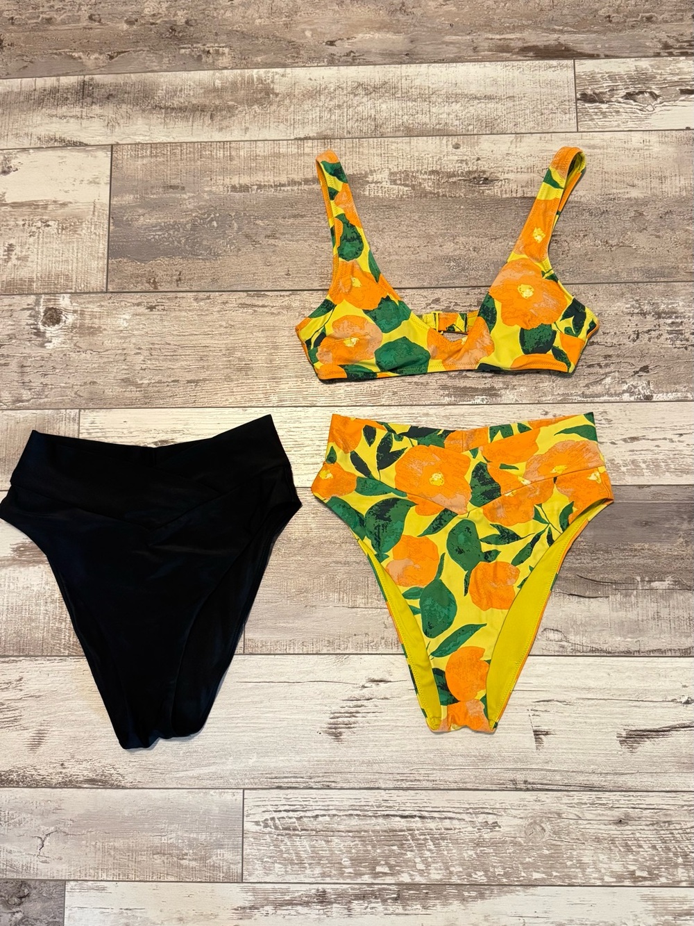 aerie Yellow Orange Floral High-Waist Bikini Set and extra Black Bottom